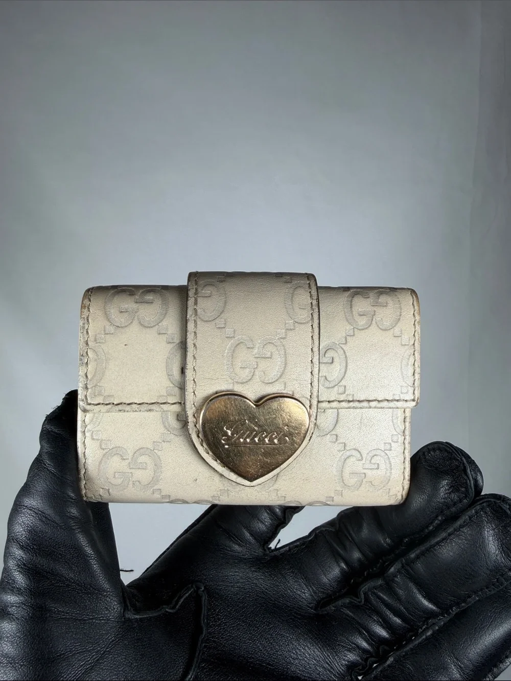 Authentic Gucci Cream GG Monogram Wallet with Gold Heart